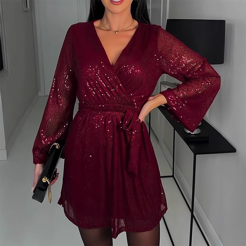 🎁Große Aktion Versandkostenfrei 🎁Zeitlich begrenztes Angebot – Glitzerndes Damenkleid mit V-Ausschnitt, langen Ärmeln und Taillengürtel
