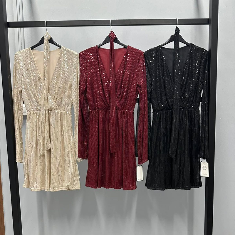 🎁Große Aktion Versandkostenfrei 🎁Zeitlich begrenztes Angebot – Glitzerndes Damenkleid mit V-Ausschnitt, langen Ärmeln und Taillengürtel