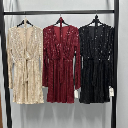 🎁Große Aktion Versandkostenfrei 🎁Zeitlich begrenztes Angebot – Glitzerndes Damenkleid mit V-Ausschnitt, langen Ärmeln und Taillengürtel