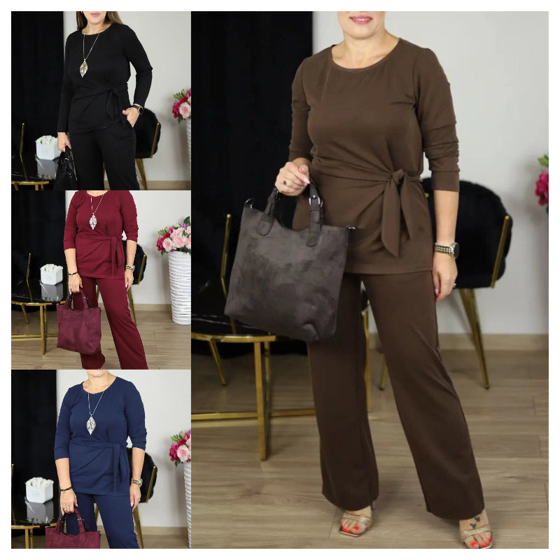 Damen Zweiteiler: Tunika mit Bindegürtel & Hose mit weitem Bein