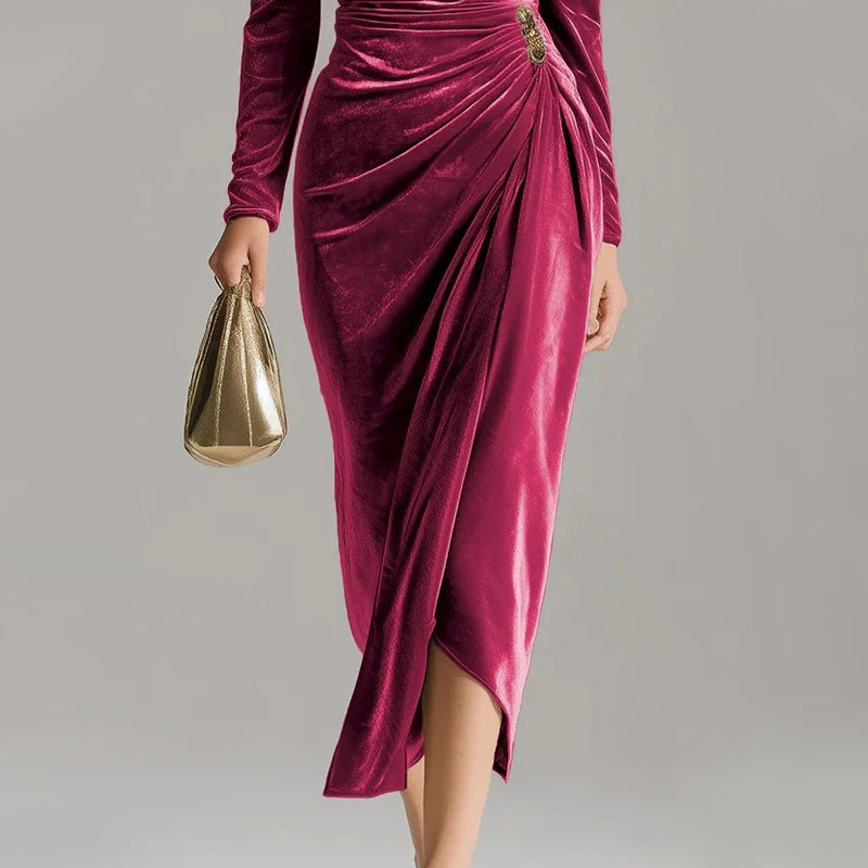 🎁Langärmiges Kleid mit Kragen, gerafft und mit Schlitz