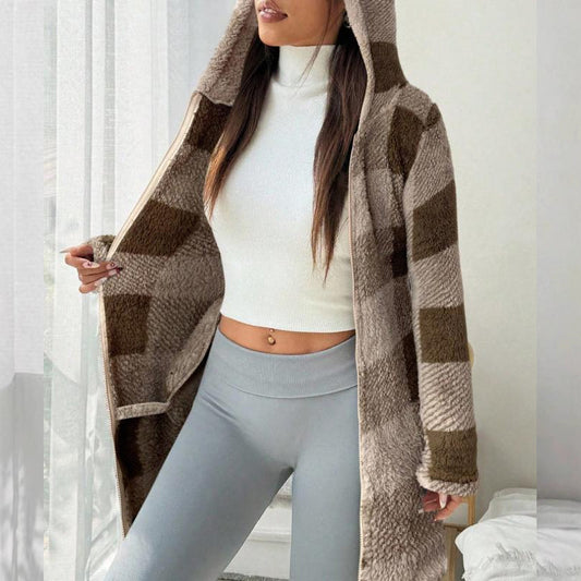 🍂🧥Karierte Kapuzenjacke für Damen mit Reißverschluss