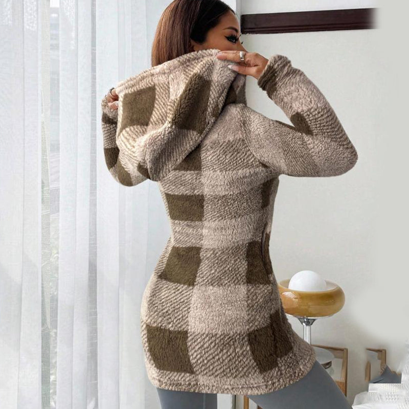 🍂🧥Karierte Kapuzenjacke für Damen mit Reißverschluss
