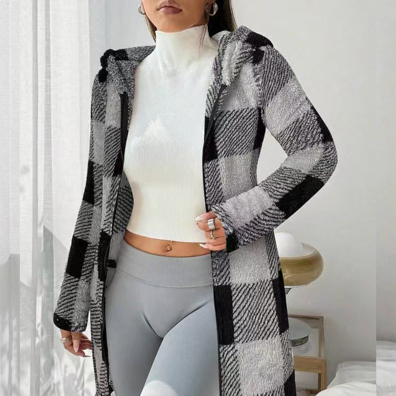 🍂🧥Karierte Kapuzenjacke für Damen mit Reißverschluss