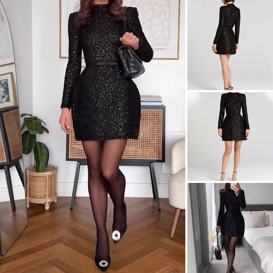 🎁Große Aktion Versandkostenfrei 🎁Damen Glitzerkleid mit langen Ärmeln und Gürtel