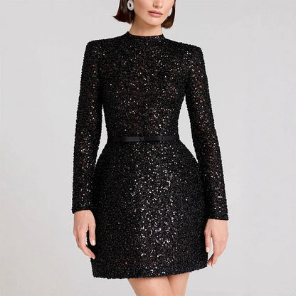 🎁Große Aktion Versandkostenfrei 🎁Damen Glitzerkleid mit langen Ärmeln und Gürtel