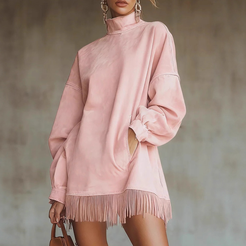 ✨ LETZTER TAG VERKAUF 50% RABATT ✨Casual Turtleneck Pocket Dress with Tassel Hem