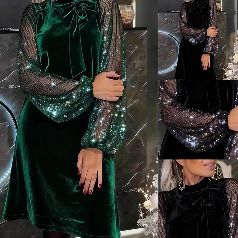 💃LETZTER TAG 50 % RABATT!!✨Damen Paillettenkleid mit Schleife am Kragen