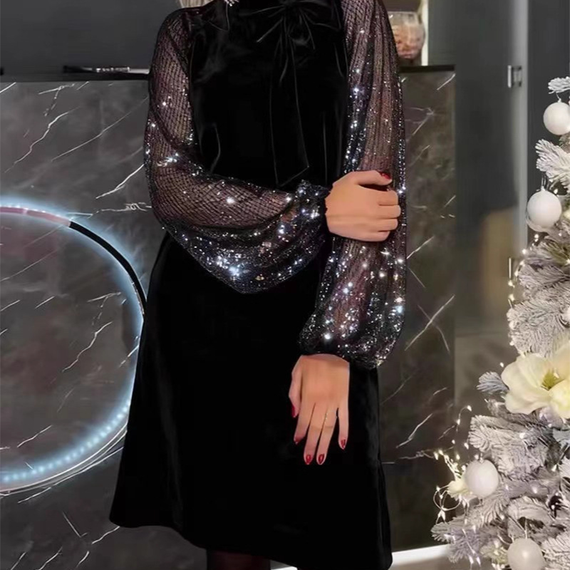 💃LETZTER TAG 50 % RABATT!!✨Damen Paillettenkleid mit Schleife am Kragen