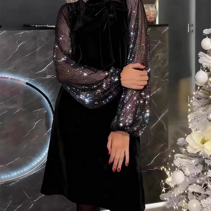 💃LETZTER TAG 50 % RABATT!!✨Damen Paillettenkleid mit Schleife am Kragen