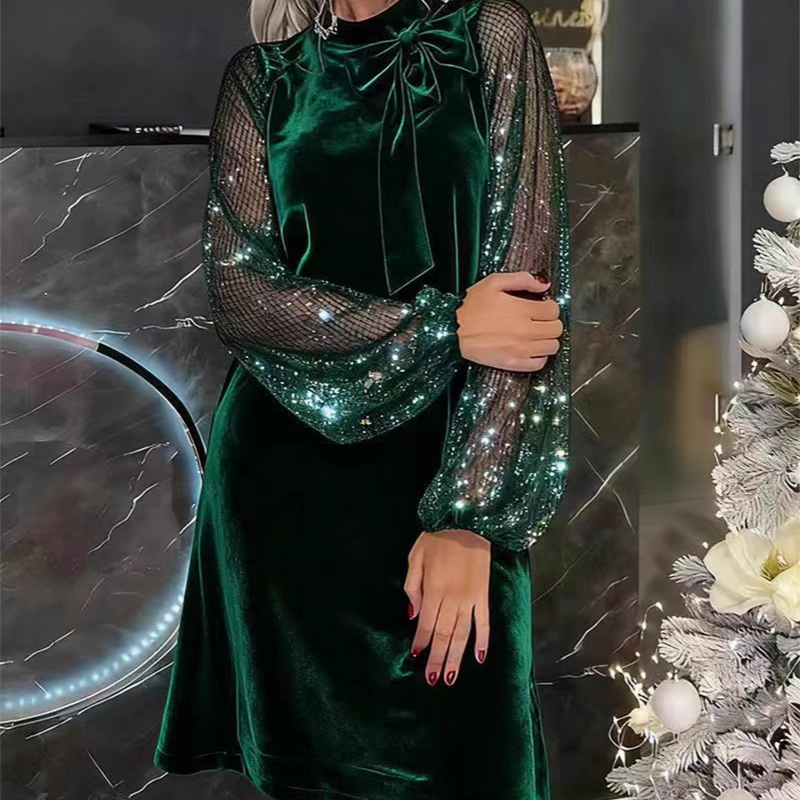 💃LETZTER TAG 50 % RABATT!!✨Damen Paillettenkleid mit Schleife am Kragen