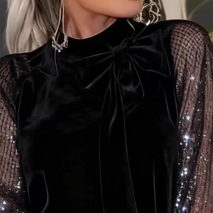 💃LETZTER TAG 50 % RABATT!!✨Damen Paillettenkleid mit Schleife am Kragen