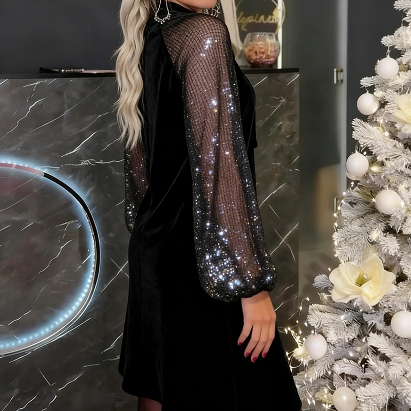 💃LETZTER TAG 50 % RABATT!!✨Damen Paillettenkleid mit Schleife am Kragen