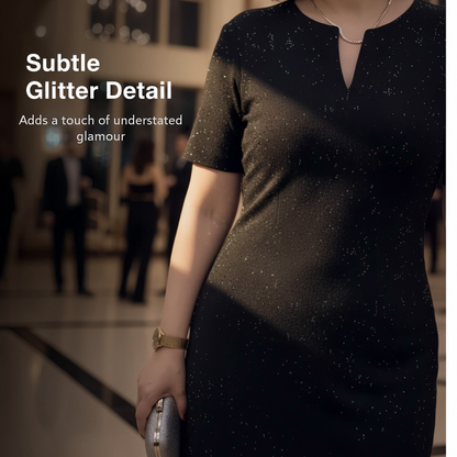 Classic Black Sparkly V-Neck Short Sleeve Dress