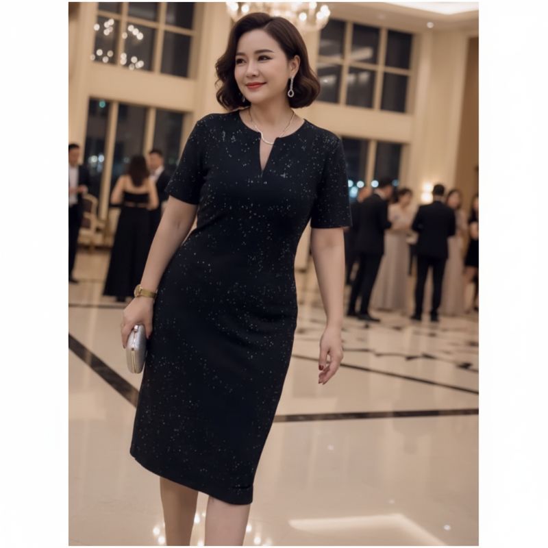 Classic Black Sparkly V-Neck Short Sleeve Dress