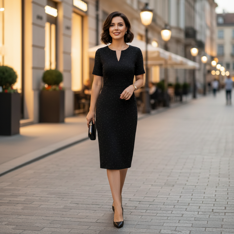 Classic Black Sparkly V-Neck Short Sleeve Dress