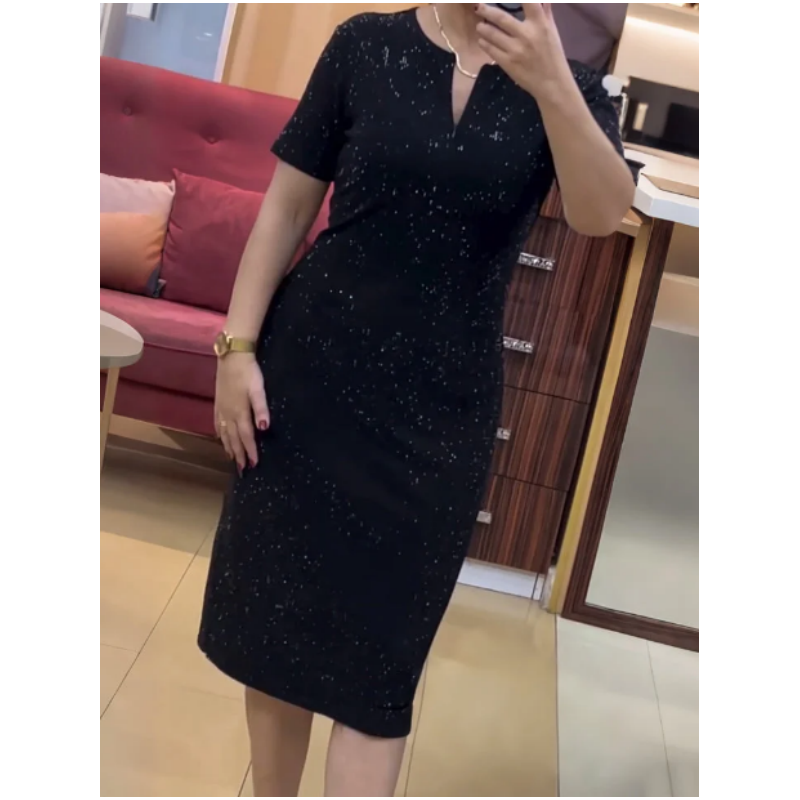 Classic Black Sparkly V-Neck Short Sleeve Dress