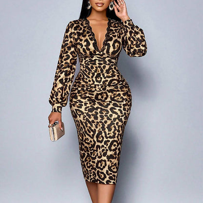 📢📢50% RABATT!! ⏰ Damen-Spitzenkleid mit Leopardenmuster, V-Ausschnitt, Laternenärmeln und mittellanger Länge