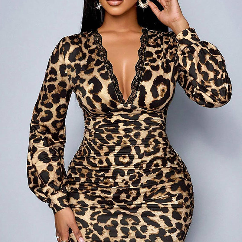 📢📢50% RABATT!! ⏰ Damen-Spitzenkleid mit Leopardenmuster, V-Ausschnitt, Laternenärmeln und mittellanger Länge