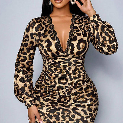 📢📢50% RABATT!! ⏰ Damen-Spitzenkleid mit Leopardenmuster, V-Ausschnitt, Laternenärmeln und mittellanger Länge