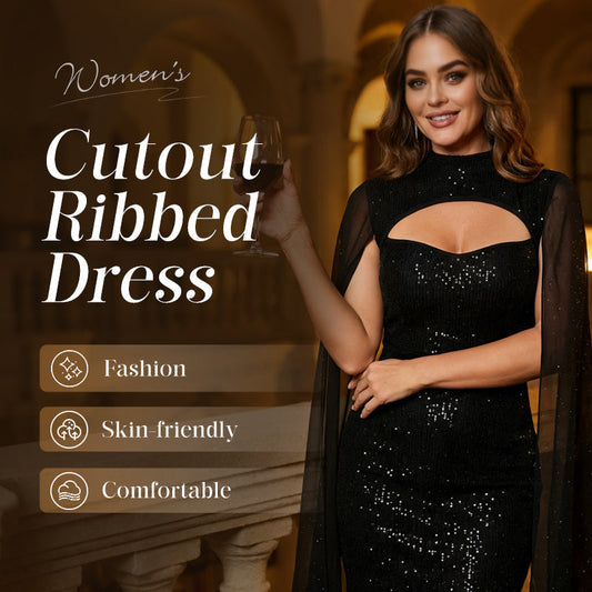 🧡 ✨Ausgeschnittenes, geripptes Kleid für Damen mit Chiffon-Cape