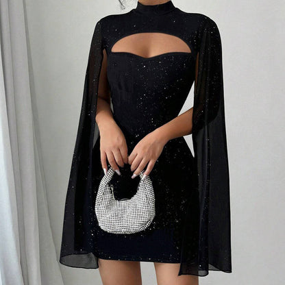 🧡 ✨Ausgeschnittenes, geripptes Kleid für Damen mit Chiffon-Cape