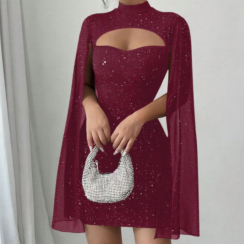 🧡 ✨Ausgeschnittenes, geripptes Kleid für Damen mit Chiffon-Cape