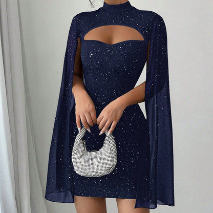 🧡 ✨Ausgeschnittenes, geripptes Kleid für Damen mit Chiffon-Cape