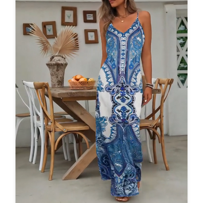 ⌛🔥Limited Edition 2026🎁 Retro-Print V-Ausschnitt Trägerloses Maxikleid für Damen