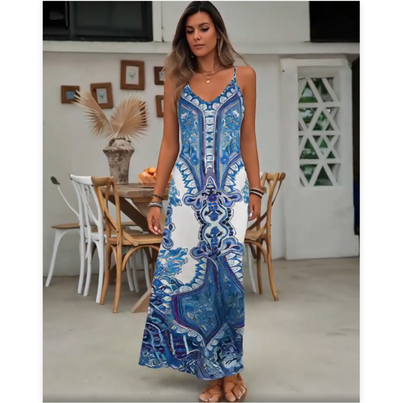 ⌛🔥Limited Edition 2026🎁 Retro-Print V-Ausschnitt Trägerloses Maxikleid für Damen