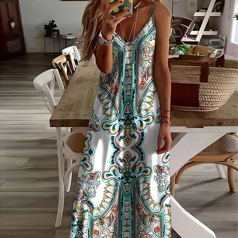 ⌛🔥Limited Edition 2026🎁 Retro-Print V-Ausschnitt Trägerloses Maxikleid für Damen
