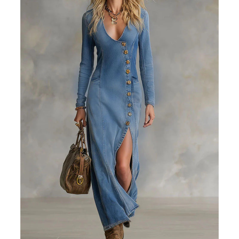 👗50% RABATT!🔥 Langärmliges Maxikleid mit V-Ausschnitt für Damen – Weicher Stoff, figurbetonte Passform & eleganter hoher Schlitz💫💃