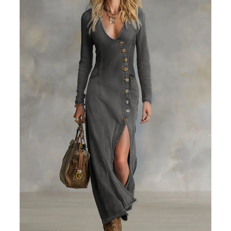 👗50% RABATT!🔥 Langärmliges Maxikleid mit V-Ausschnitt für Damen – Weicher Stoff, figurbetonte Passform & eleganter hoher Schlitz💫💃