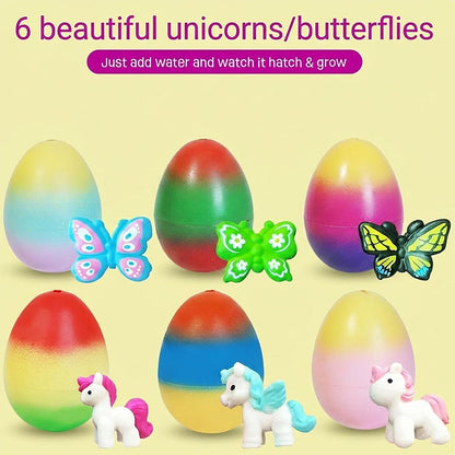 💎 54 % RABATT! 💎🦄6er-Set magische Eier zum Ausbrüten – Dinosaurier, Einhörner und Schmetterlinge | Pädagogisches STEM-Spielzeug für Kinder 🌈🥚