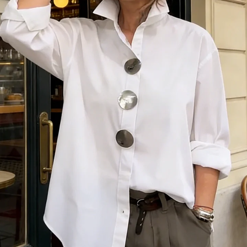 🌞Frühlingserwachen: 50% Rabatt!👚 Dames Oversized Blouse met Opvallende Metaalknoppen – Knijpfest & Veelzijdig voor Elke Gelegenheid