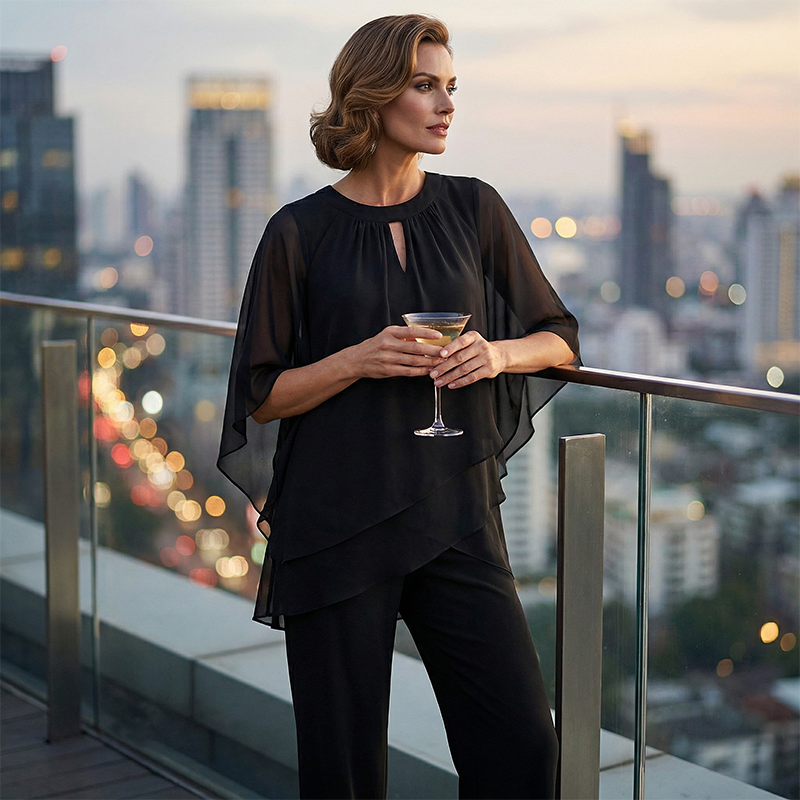 Eleganter Zweiteiler: Bluse mit asymmetrischem Saum & weite Hose