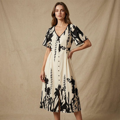 🥳NEUHEITEN FÜR 2026 – 50% RABATT🎉 Damen-Midikleid mit botanischem Print – V-Ausschnitt, A-Linie und Volantärmel🌿