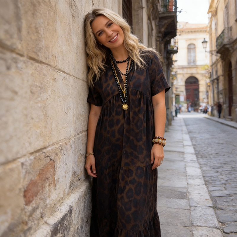 💞👗Damen V-Ausschnitt Leopard Druck Maxi Kleid mit kostenloser Halskette📿💎