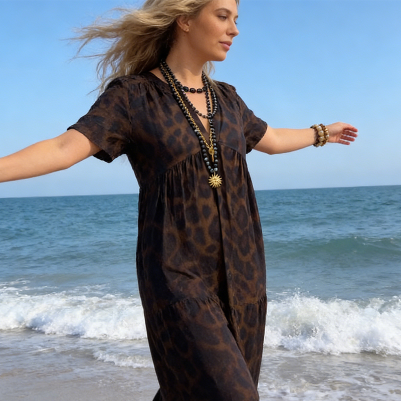 💞👗Damen V-Ausschnitt Leopard Druck Maxi Kleid mit kostenloser Halskette📿💎