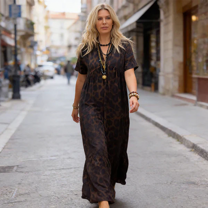 💞👗Damen V-Ausschnitt Leopard Druck Maxi Kleid mit kostenloser Halskette📿💎