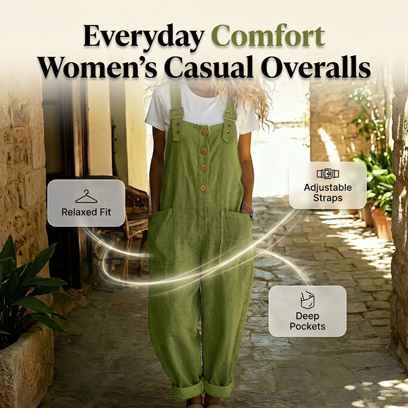 🌿 Lässige Damen-Latzhose mit Knopfleiste – Verstellbare Träger, atmungsaktives Material & bequeme Passform ✨