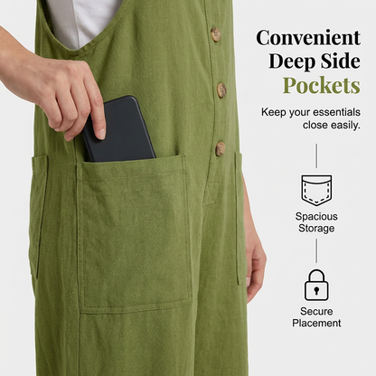 🌿 Lässige Damen-Latzhose mit Knopfleiste – Verstellbare Träger, atmungsaktives Material & bequeme Passform ✨