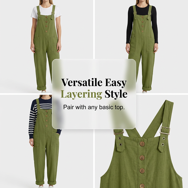🌿 Lässige Damen-Latzhose mit Knopfleiste – Verstellbare Träger, atmungsaktives Material & bequeme Passform ✨