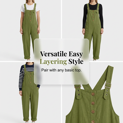 🌿 Lässige Damen-Latzhose mit Knopfleiste – Verstellbare Träger, atmungsaktives Material & bequeme Passform ✨