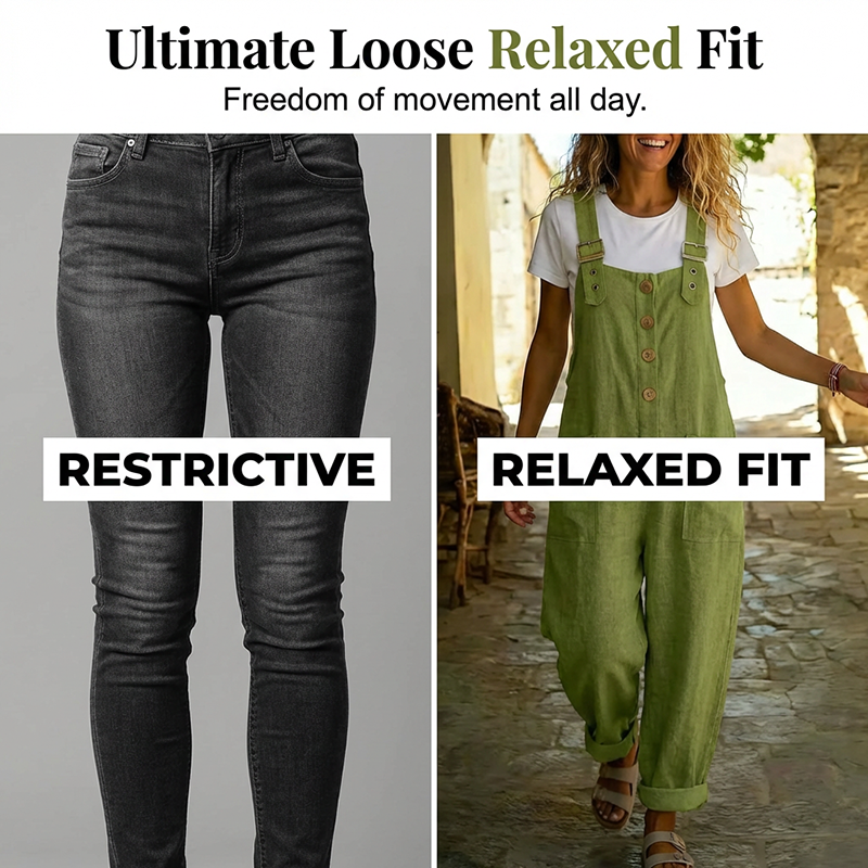 🌿 Lässige Damen-Latzhose mit Knopfleiste – Verstellbare Träger, atmungsaktives Material & bequeme Passform ✨