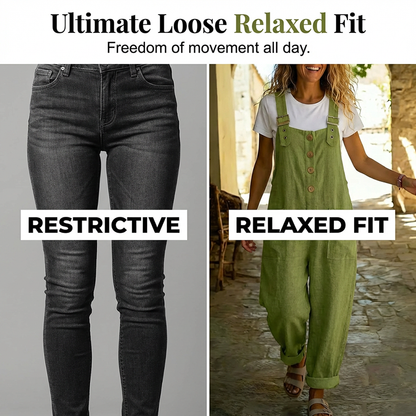🌿 Lässige Damen-Latzhose mit Knopfleiste – Verstellbare Träger, atmungsaktives Material & bequeme Passform ✨