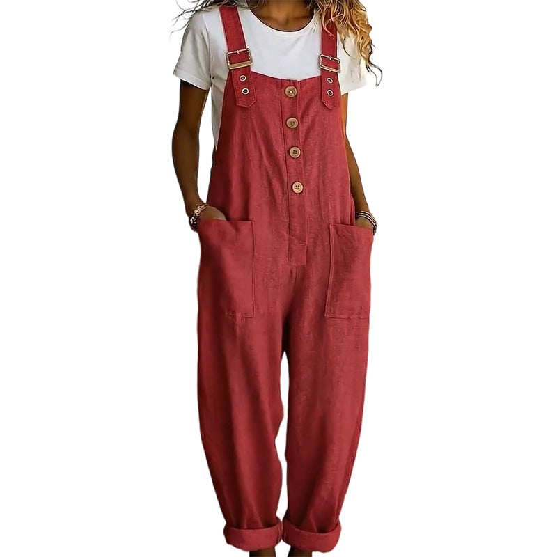 🌿 Lässige Damen-Latzhose mit Knopfleiste – Verstellbare Träger, atmungsaktives Material & bequeme Passform ✨