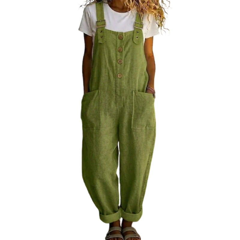 🌿 Lässige Damen-Latzhose mit Knopfleiste – Verstellbare Träger, atmungsaktives Material & bequeme Passform ✨