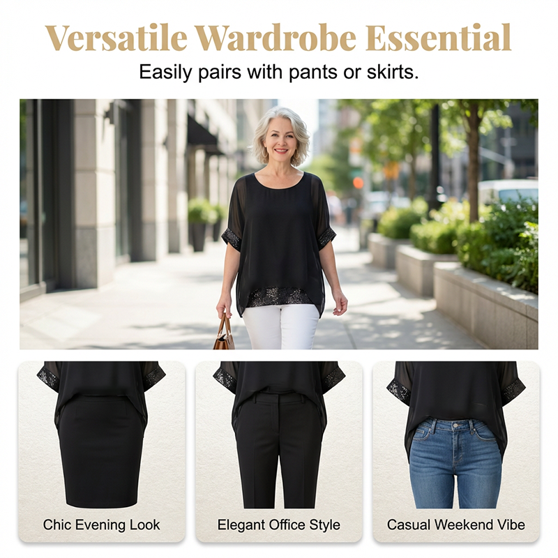 👕 Lässiges Damenoberteil mit Pailletten – Elegant, Weich, Loose Fit ✨