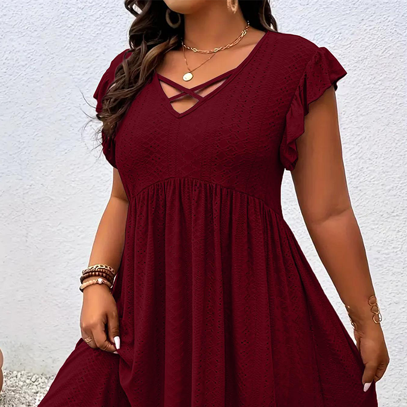 📢📢Limitiertes Angebot – 50 % Rabatt + kostenlose Halskette !! ⏰Damenkleid mit V-Ausschnitt und Rüschenbesatz